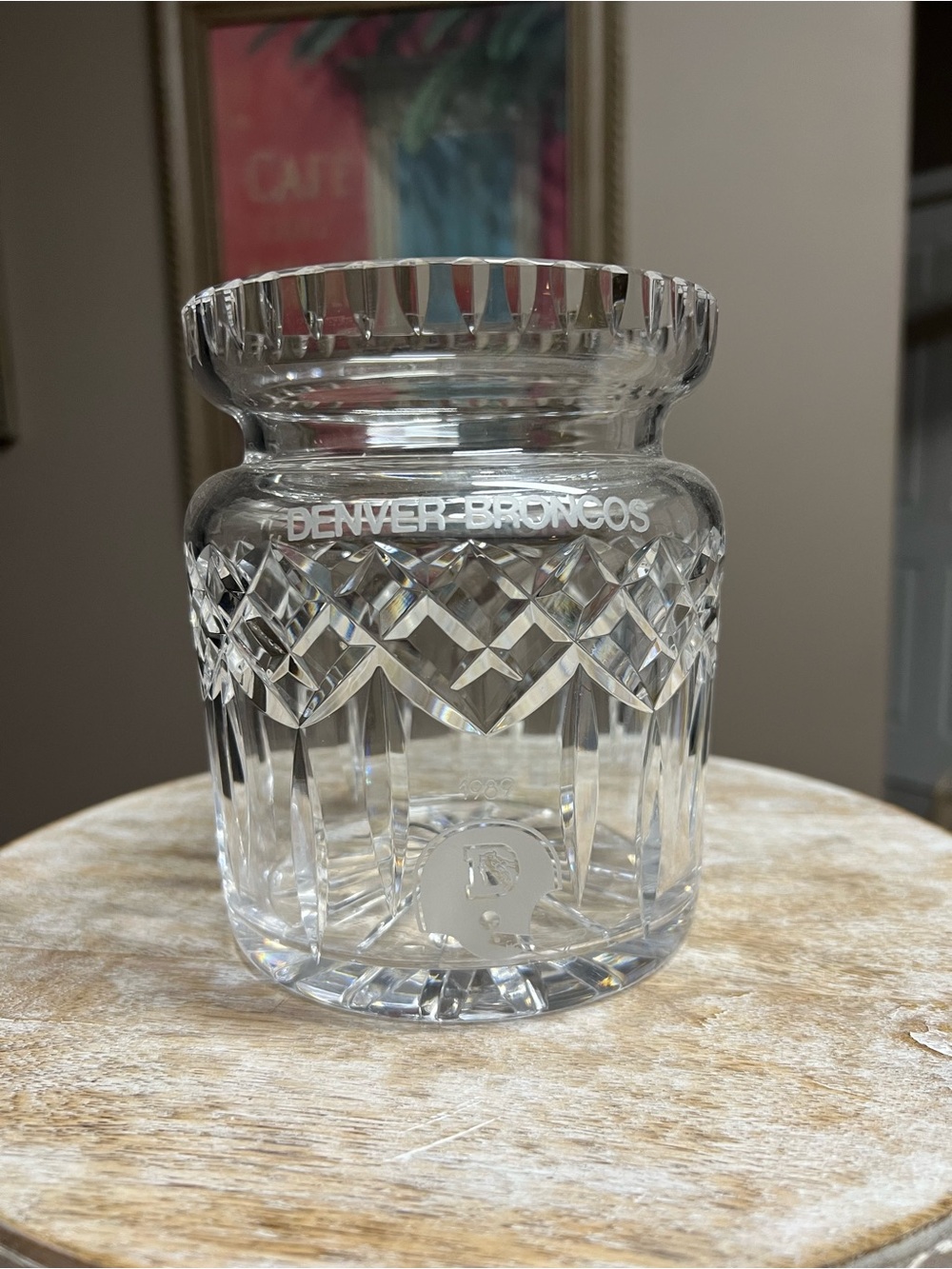 🏈Denver Broncos 🐎 1989 Heavy Crystal Biscuit Barrel with “a” Lid